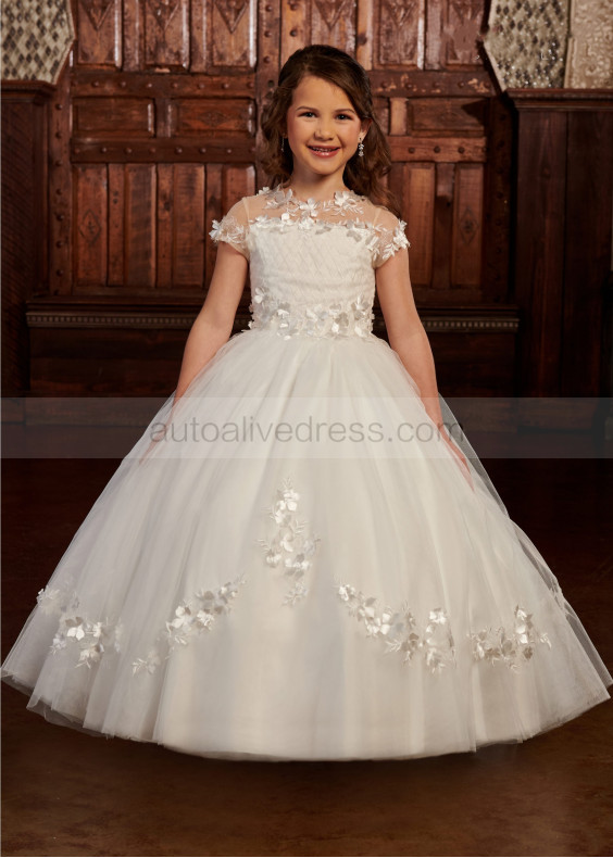 Short Sleeves Ivory Lace Tulle 3D Flowers Fairy Flower Girl Dress